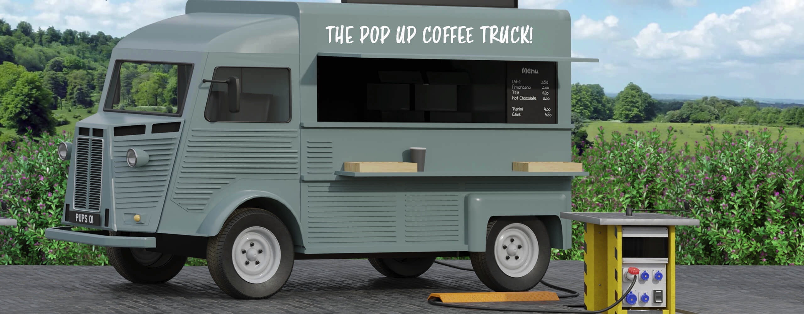 3d illustration of a pop up power unit connected to a food van